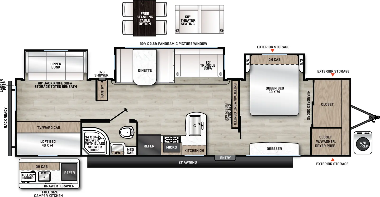 The Catalina Legacy Edition 343BHTS floorplan has one entry and three slide outs. Exterior features include: metal exterior, 21' awning and outside kitchen. Interiors features include: bunk beds, free-standing dinette option and front bedroom.